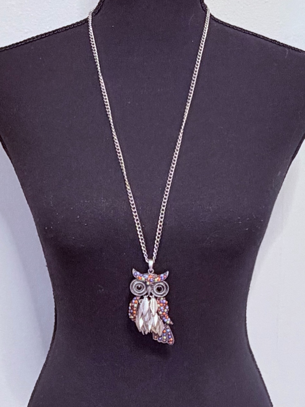 Silver-Tone Owl Pendant Necklace with Multicolor Crystal Accents